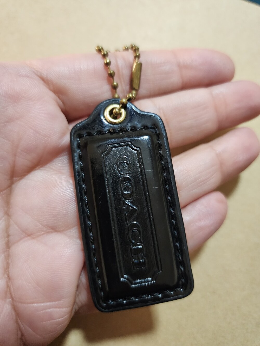 Coach Black Patent Leather Hang Tag With Brass Ball Chain